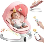 Balançoire électrique pour bébé avec 3 minuteries, application et télécommande Transat, 5 vitesses de balançoire, 10 musique, Bluetooth, rose