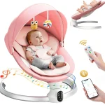 Balançoire électrique pour bébé avec 3 minuteries, application et télécommande Transat, 5 vitesses de balançoire, 10 musique, Bluetooth, rose